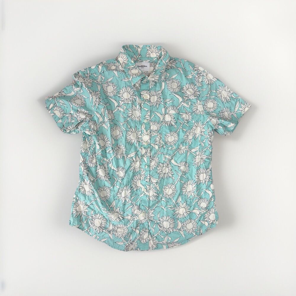 Goodfellow & Co Men’s Large Slim Short Sleeve Button Down Shirt Aqua Sunflower